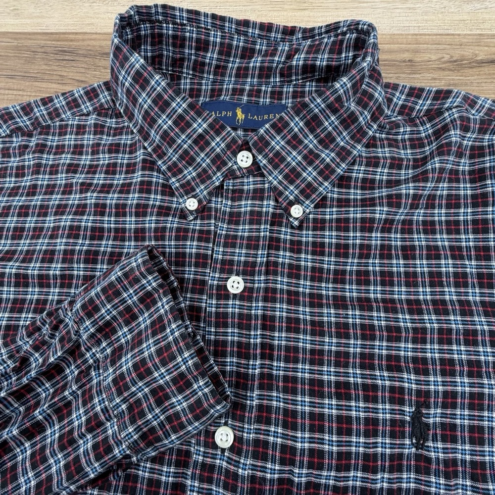 Polo Ralph Lauren Classic Fit Men's L Red Black Blue Plaid Cotton Button Down